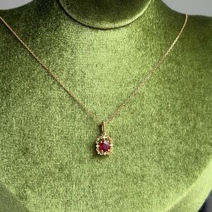 K18 Ruby & Diamond Pendant – Vintage Style Halo Charm (Pendant Only)